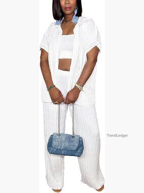 Summer Two Piece Set - Button Down Shirt & Wide Leg Pants - X-Large